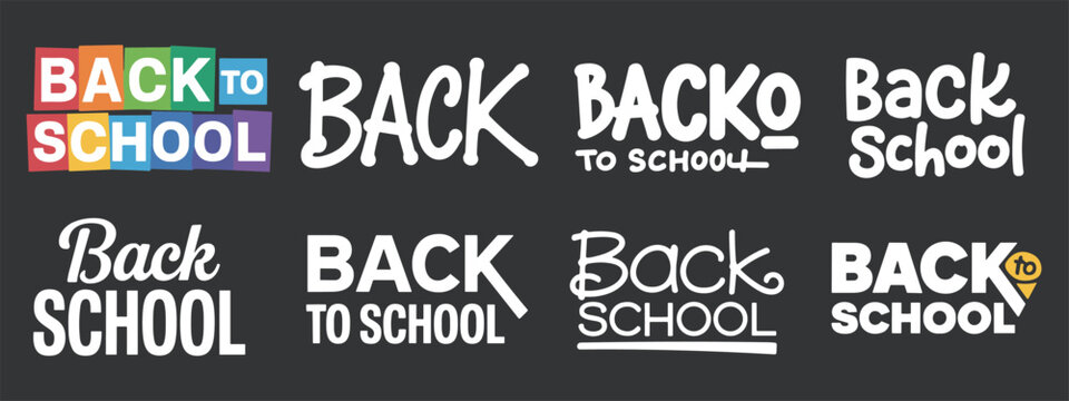 A collection of various creative back to school typographic logo designs and handlettered text labels for educational marketing and seasonal promotions