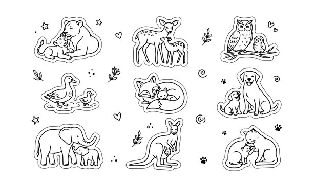 Mother and baby animals black line art doodle sticker pack vector with cute lion owl deer characters for Mothers Day design