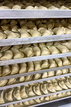 Production Varenyky of semi-finished products in a food facility with trays filled with dough items stacked neatly