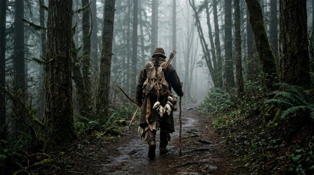 Lone figure with bow and staff trekking through a dense, foggy forest