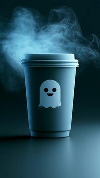 smiling ghost on coffee cup with steam