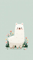 Fototapeta premium A cute white llama stands in a field of colorful flowers as a simple illustration on a soft green background for a cheerful and artistic design
