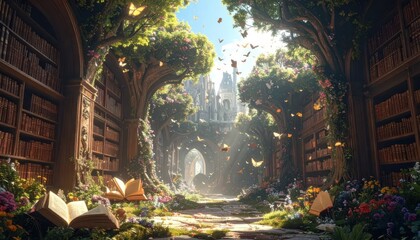 Fototapeta premium Ancient magical library built into sunlit forest trees.