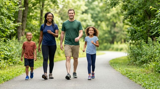 Happy multiethnic family walking in a park. Diverse parents with two children exercising outdoors. Active lifestyle and wellness concept