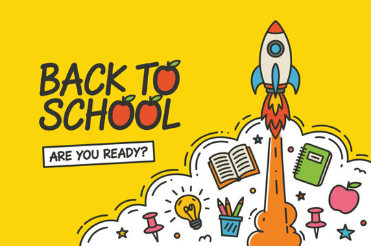 Back to school banner design with a cartoon space rocket launching into the air surrounded by educational stationery and supplies icons