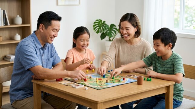 Happy Asian family playing a board game at home. Parents with two children laughing and sitting around a wooden table. Family bonding and leisure concept