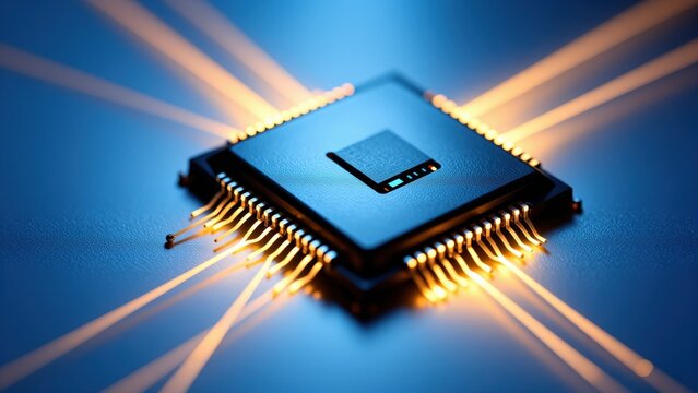 Microchip's Electrical Aura: A close-up shot of a modern microchip, its pins aglow with vibrant orange light, emanating energy against a deep blue backdrop.