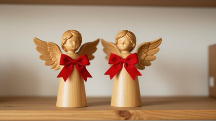 Obraz premium Two Wooden Angels with Red Ribbons