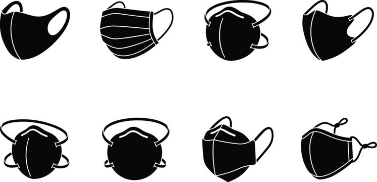 Protective Face Masks Icon Set Vector Featuring Medical Surgical Mask, N95 Respirator, KN95, and Fabric Cloth Masks