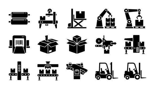 Industrial manufacturing icons set, 15 factory production line vector symbols, automated warehouse logistics and robotic assembly machinery