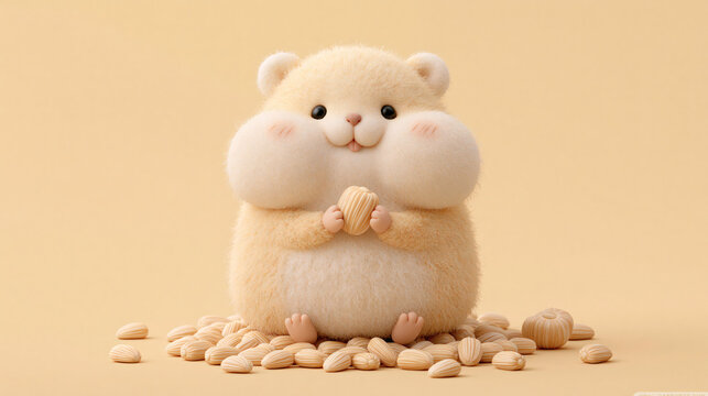 A cute fluffy hamster with chubby cheeks sits on a pile of seeds and holds a single nut in its small paws against a soft beige background