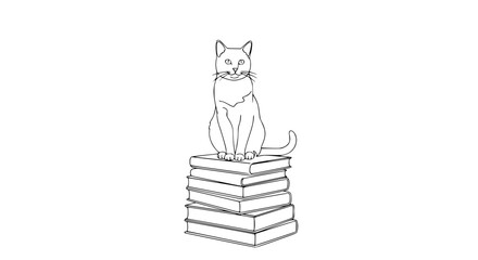 Minimalist line art illustration of a cat sitting on a stack of books