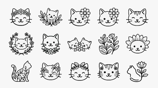 Elegant Line Art Cat and Floral Designs Collection.