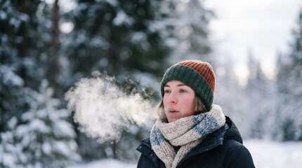 Fototapeta premium Woman Exhaling Breath in Snowy Forest