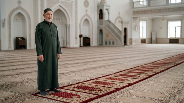 Elderly Muslim man standing inside empty mosque. Senior man in traditional thobe and prayer cap on carpet