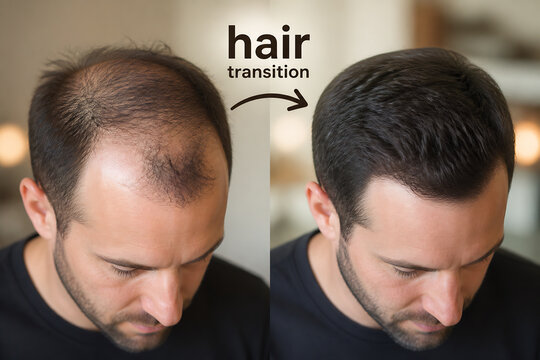 Two men with different hairstyles are shown side-by-side illustrating a hair transition.