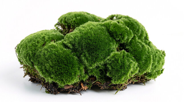 Beautifully isolated clump of dense vibrant green cushion moss resting naturally on a fragment of dark forest soil