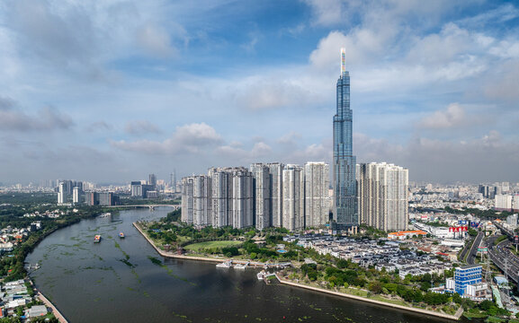 Aerial view of the Saigon River skyline in Ho Chi Minh City, Vietnam