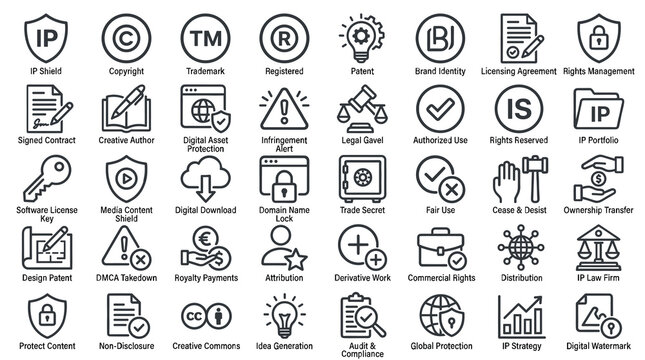 Intellectual property line icons set, 40 legal protection and copyright symbols, business law and patent vector elements for corporate branding