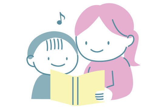 大人と並んで楽しそうに読書している男の子