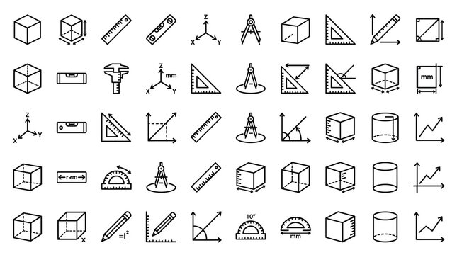 Minimalist geometry and drafting icons set, 50 technical drawing line symbols, mathematical 3D shapes and measurement tools vector collection
