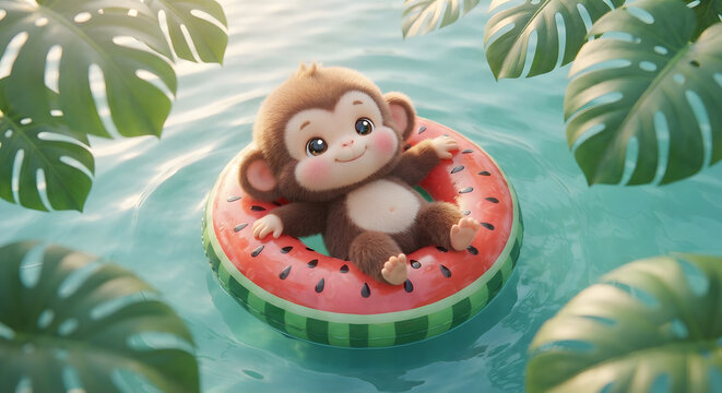 Cute fluffy baby monkey relaxing on a watermelon swim ring floating in clear water, summer vacation concept