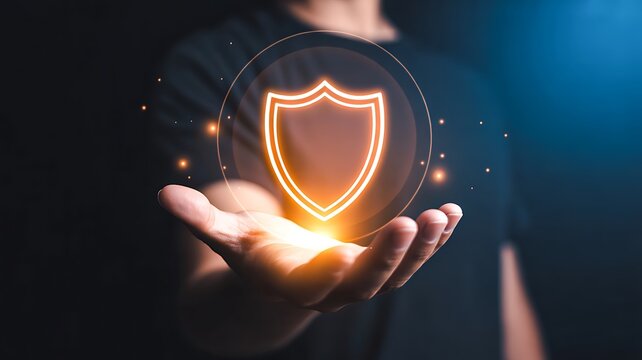 Cybersecurity protection concept with glowing digital shield in human hands