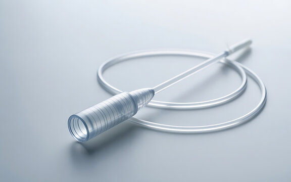 Sterile medical suction catheter with connector tip isolated on a clean light grey background for clinical use