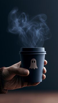 Steamy coffee cup with ghost design in hand