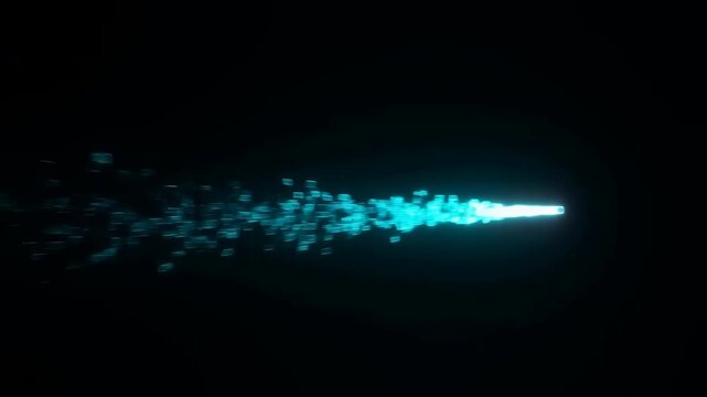 Cyan energy beam radiating across dark space with glowing pixel fragments, luminous trail, scattered particles, sharp contrast, futuristic mood, and glowing digital atmosphere