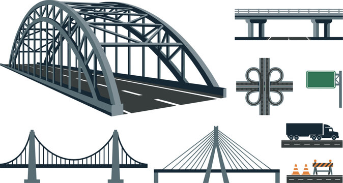 Modern Bridge and Highway Infrastructure Vector Set Featuring Steel Arch Suspended Cable Stayed Structures Cloverleaf Interchange Roadside Signs and Construction Barriers