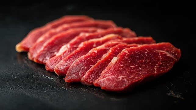Beef slices laid out in a row on a textured black surface demonstrate high quality raw meat selection for culinary preparation in a professional kitchen environment where ingredients are prioritized.
