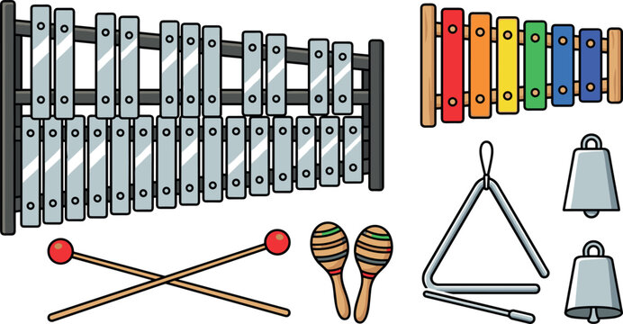 Percussion Musical Instrument Vector Set Featuring Professional Glockenspiel Colorful Toy Xylophone Mallets Wooden Maracas Triangle and Metal Hand Bells