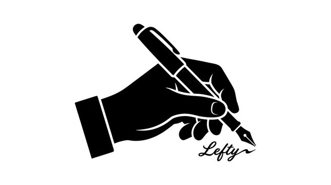 Left hand holding a fountain pen writing the word lefty