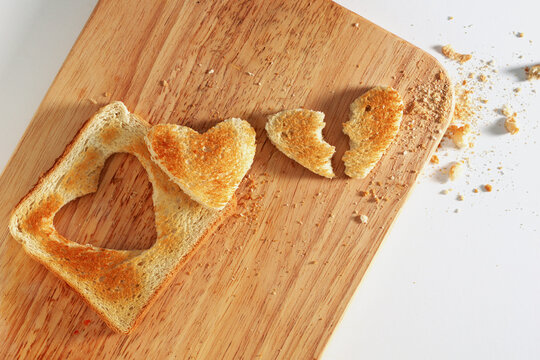 Broken heart shaped toast bread