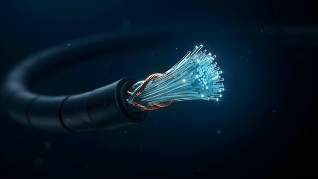 Fiber optic cable with glowing light transmission, highspeed internet connection, data communication technology concept, closeup view