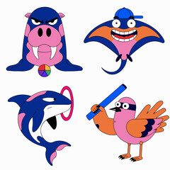 Naklejka premium The image depicts four cartoon sea characters rendered in a unified blue, pink, and orange color scheme