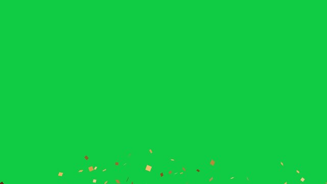 Golden festive confetti explosion floating on chroma key green screen background for party video overlay