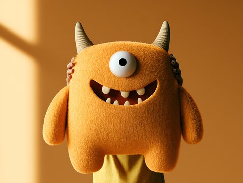 funny orange monster toy with one eye and horns