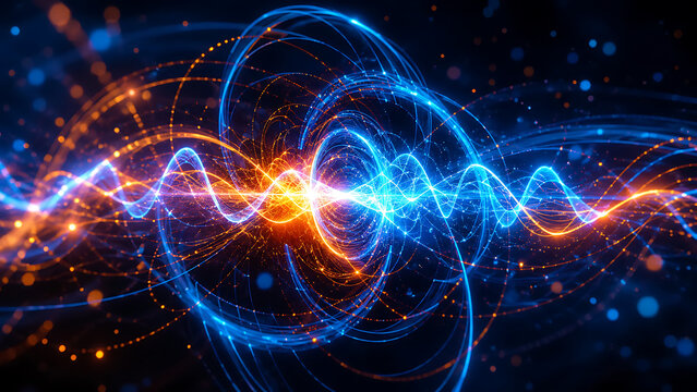 Abstract Electromagnetic Energy Waves | Blue and Orange Frequency Signal Background | Futuristic Physics and Digital Power Visualization