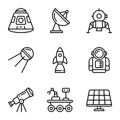 Nine space exploration and astronomy line icons in black and white. © dindha