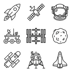 Set of space exploration and astronomy line icons. © watu
