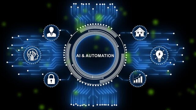 Advanced artificial intelligence and digital automation concept with futuristic hud interface, glowing circuitry network, data processing and cybernetic connectivity for modern tech presentations