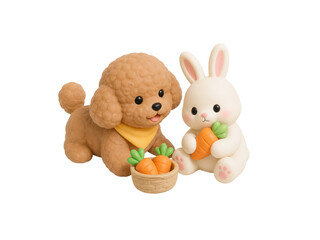 Fototapeta premium Cute Poodle and Rabbit Figurines with Carrot Basket