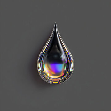 Single transparent teardrop with colorful reflections on dark gray background, creating sleek and modern visual effect