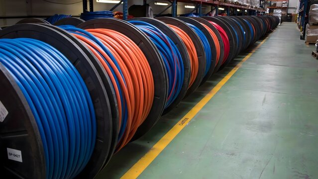 Industrial warehouse storage with rows of large cable reels featuring blue and orange electrical wires organized on wooden spools in a factory setting
