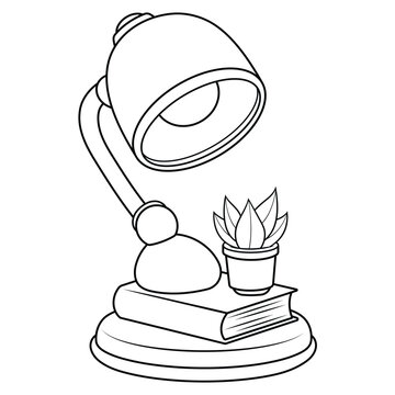Desk Lamp with Books and Potted Plant Coloring Page Vector Illustration