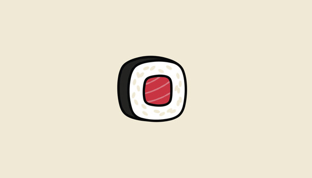Simple vector illustration of a maki sushi roll with raw tuna inside isolated on light beige background.
