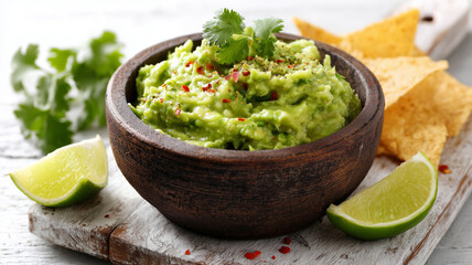 Obraz premium Fresh homemade guacamole in wooden bowl with lime wedges, cilantro and tortilla chips