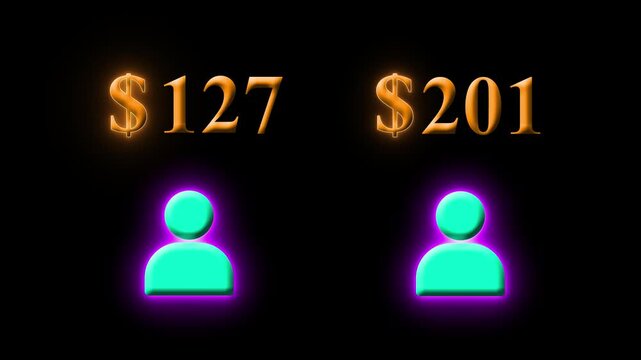 Two User Icons with Different Values, Glowing Neon $170 and $270 Price Comparison 4k Animation on black background. Digital Finance Concept, Cost Evaluation, Money Analysis and Modern Business Graphic